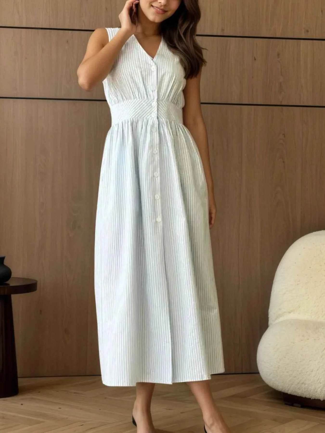 Striped V-Neck Sleeveless Midi Dress.