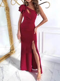 Cutout One Shoulder Ruffle Split Dress.