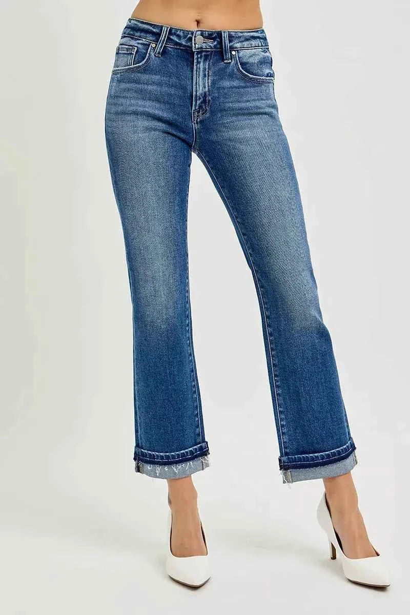 RISEN Mid Rise Ankle Straight Cuffed Jeans.