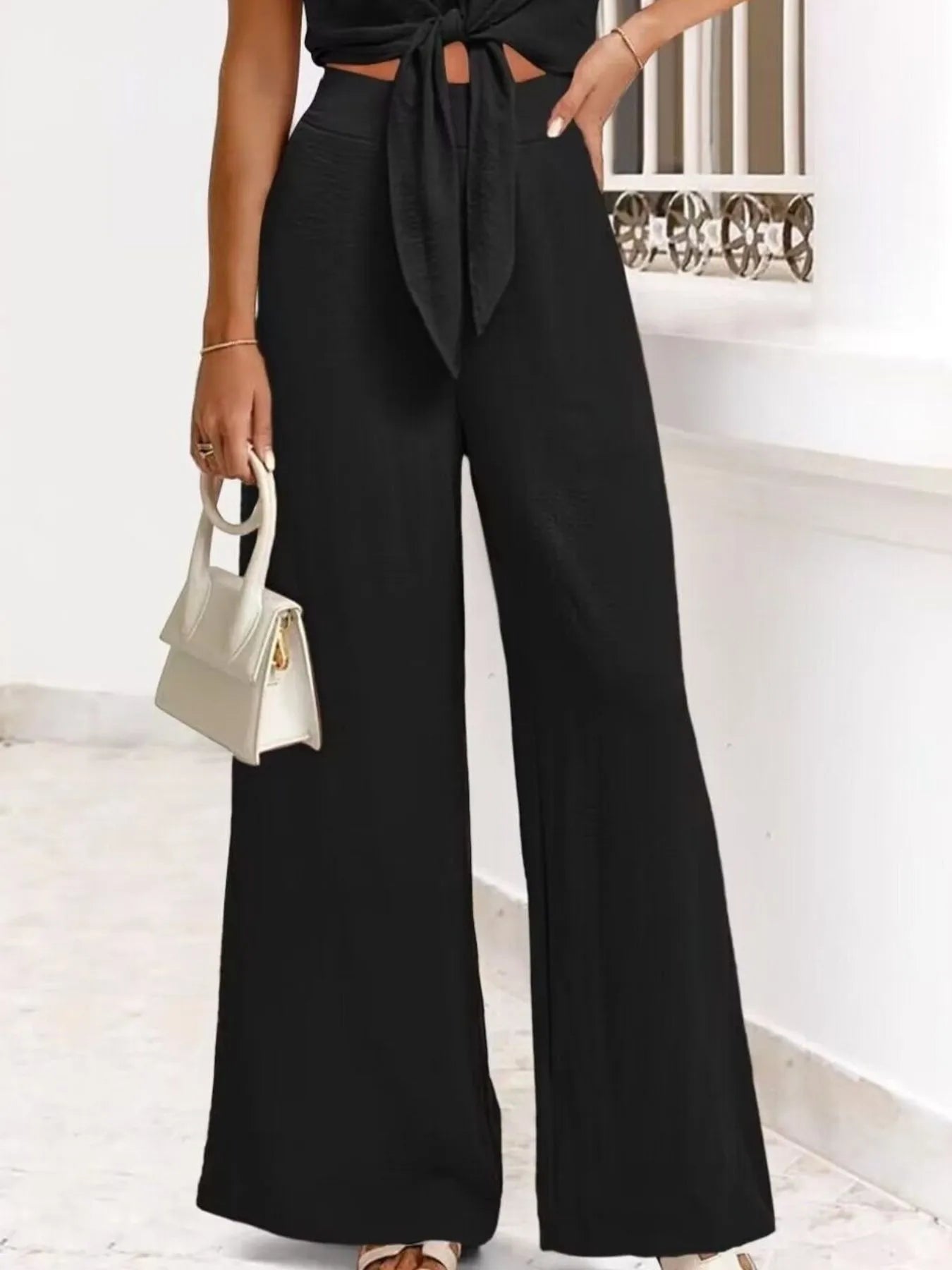 Tie Front Top & Wide Leg Pants Set.