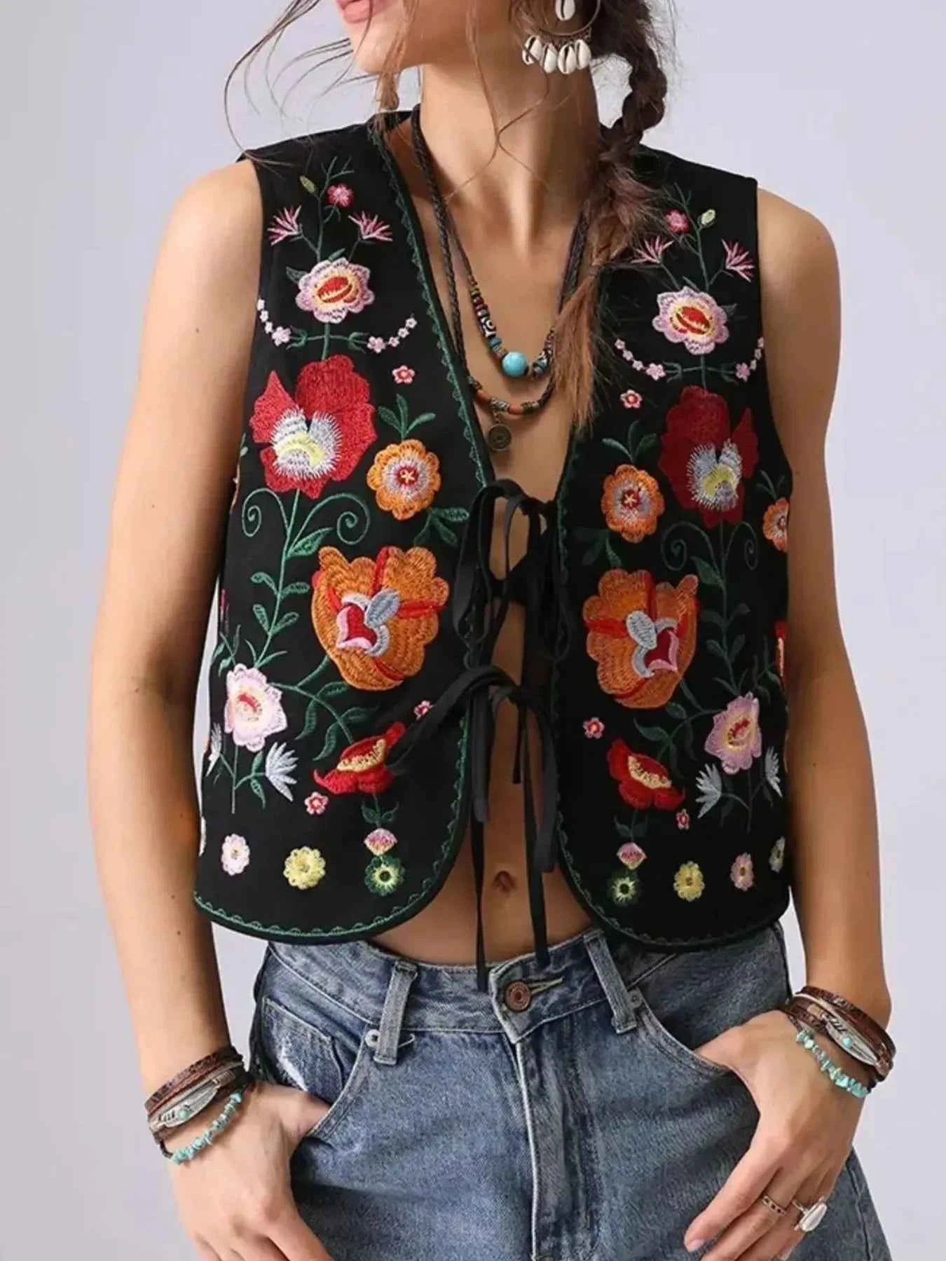 Floral Embroidered Lace-Up Vest.