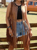 Fringe Cutout Detail Sleeveless Vest Coat.