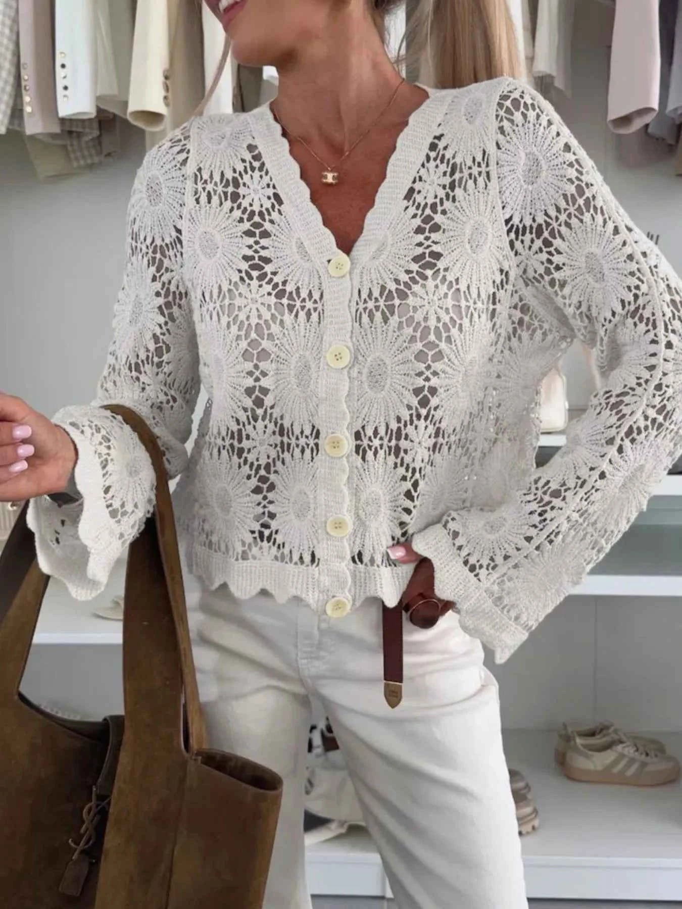 Lace V-Neck Button-Up Cardigan.