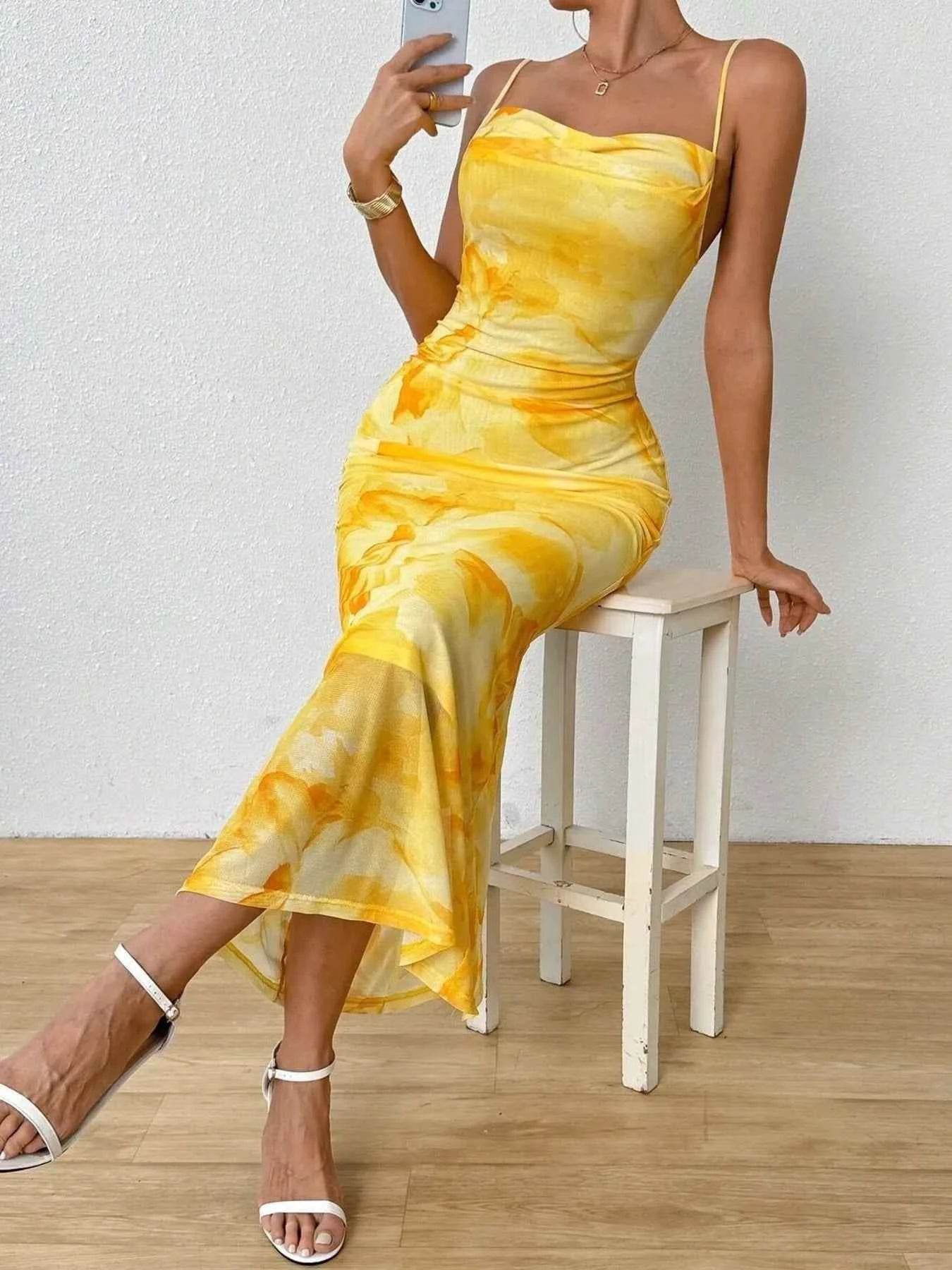 Tie-Dye Ruched Bodycon Mesh Cami Maxi Dress.