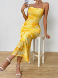 Tie-Dye Ruched Bodycon Mesh Cami Maxi Dress.
