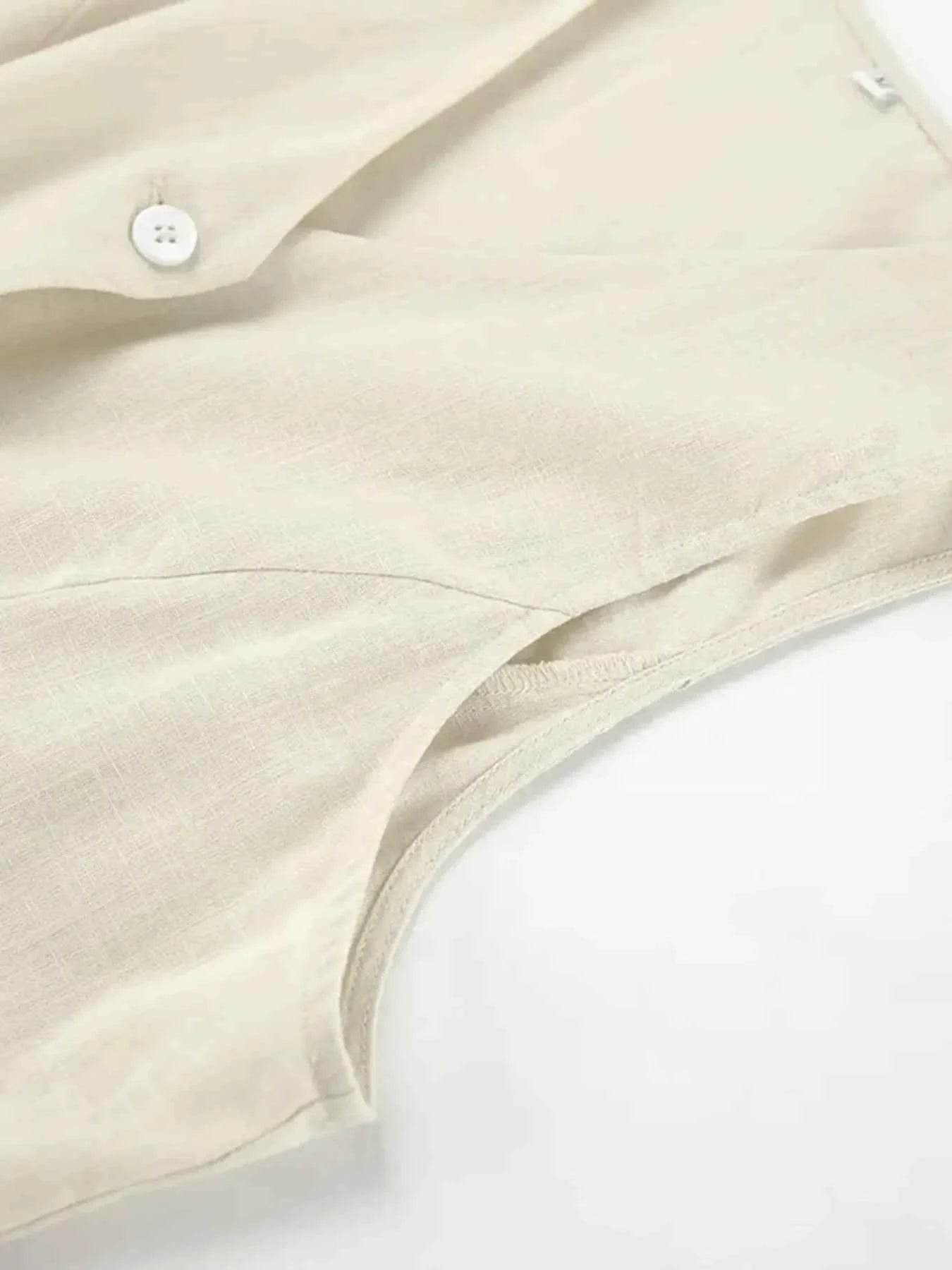 Button Up V-Neck Vest and Shorts Set - Contrast Trim Top and Pants Set - EBYNN