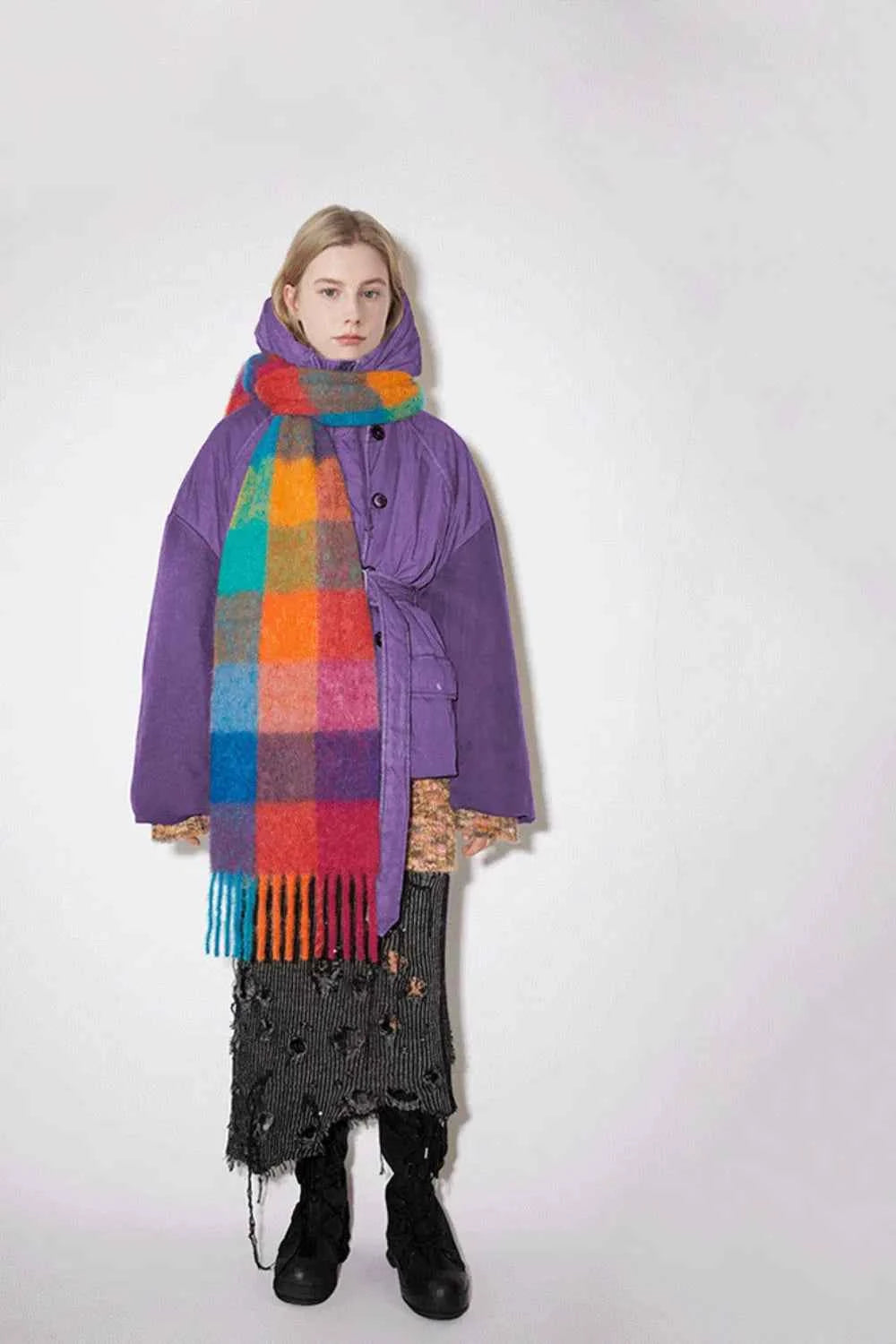 Thermal Fringe Contrast Plaid Scarf.