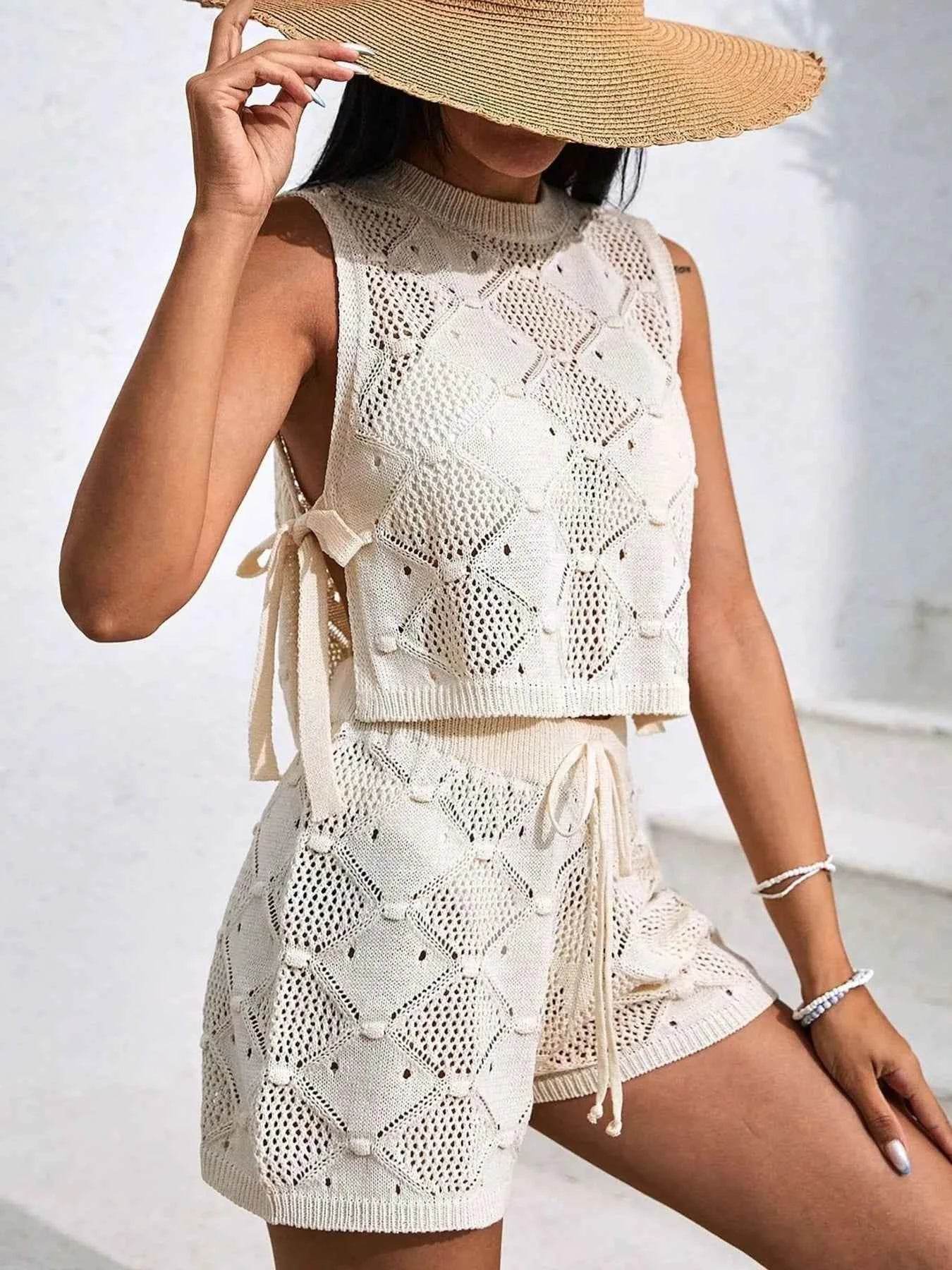 Diamond Pattern Sleeveless Top and Shorts Knit Set - EBYNN