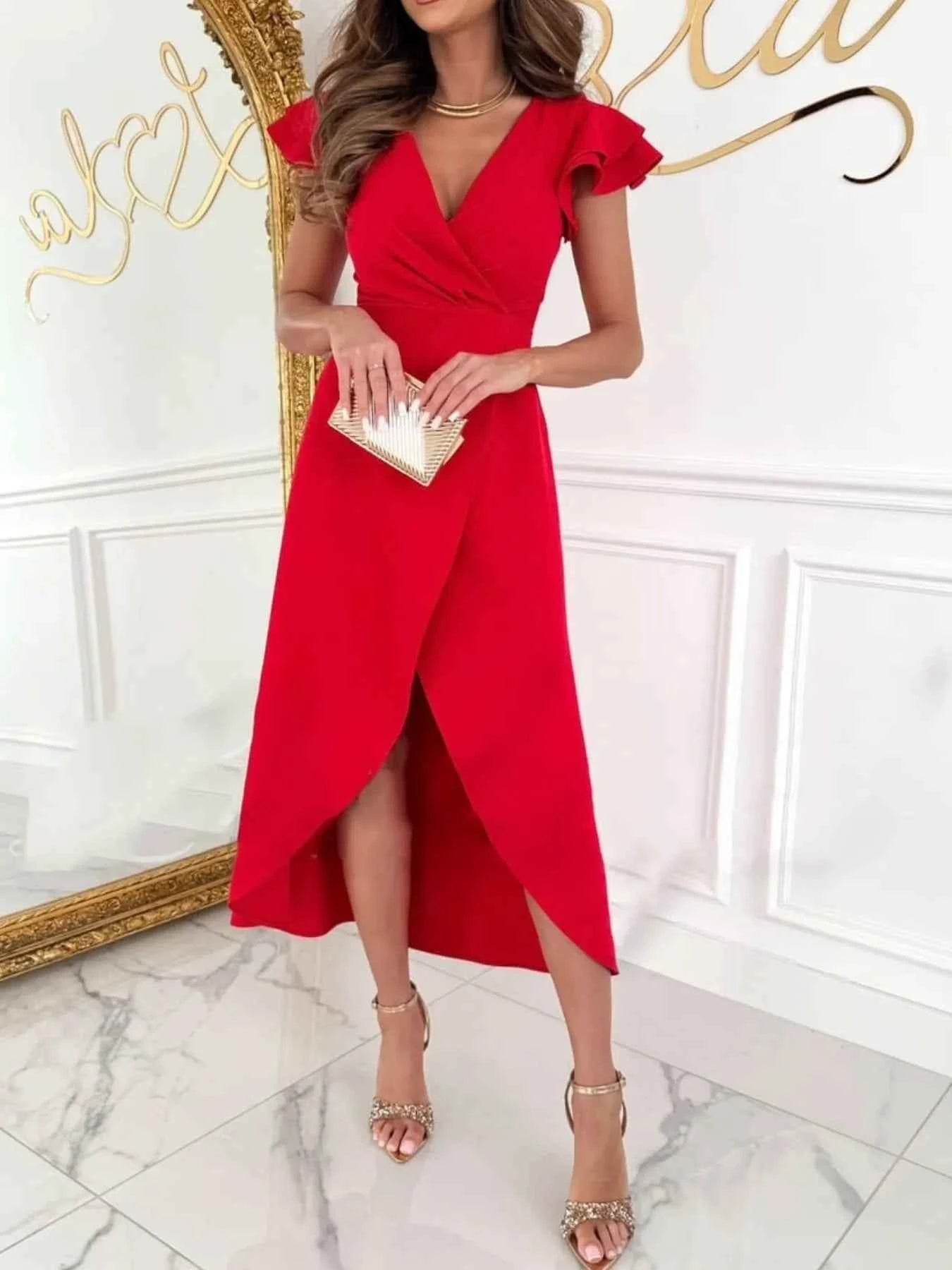 Surplice Ruffled Cap Sleeve Dress.