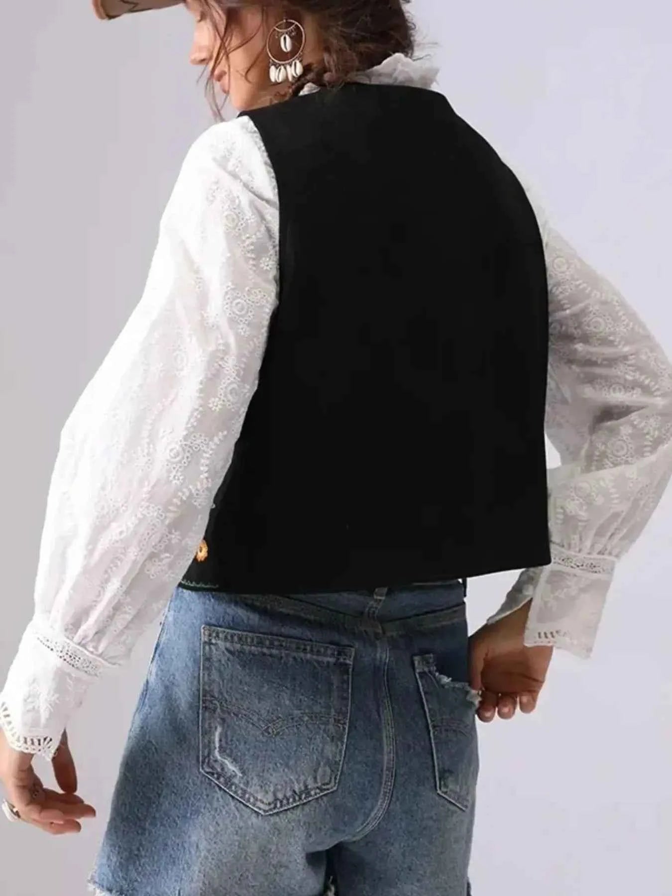 Floral Embroidered Lace-Up Vest.