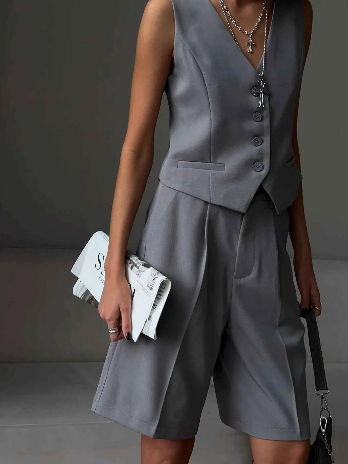 V-Neck Vest and Pants Two-Piece Blazer Set.