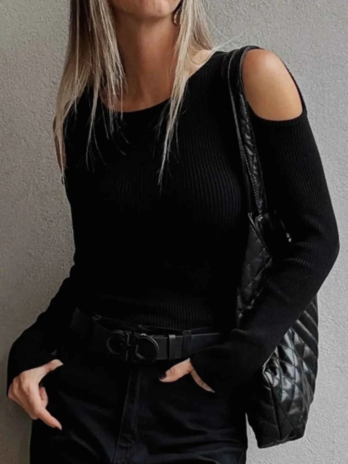 Ribbed Knit Cold Shoulder Sweater.