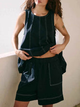 Casual Contrast Stitch Denim Tank Top & Shorts Set - EBYNN