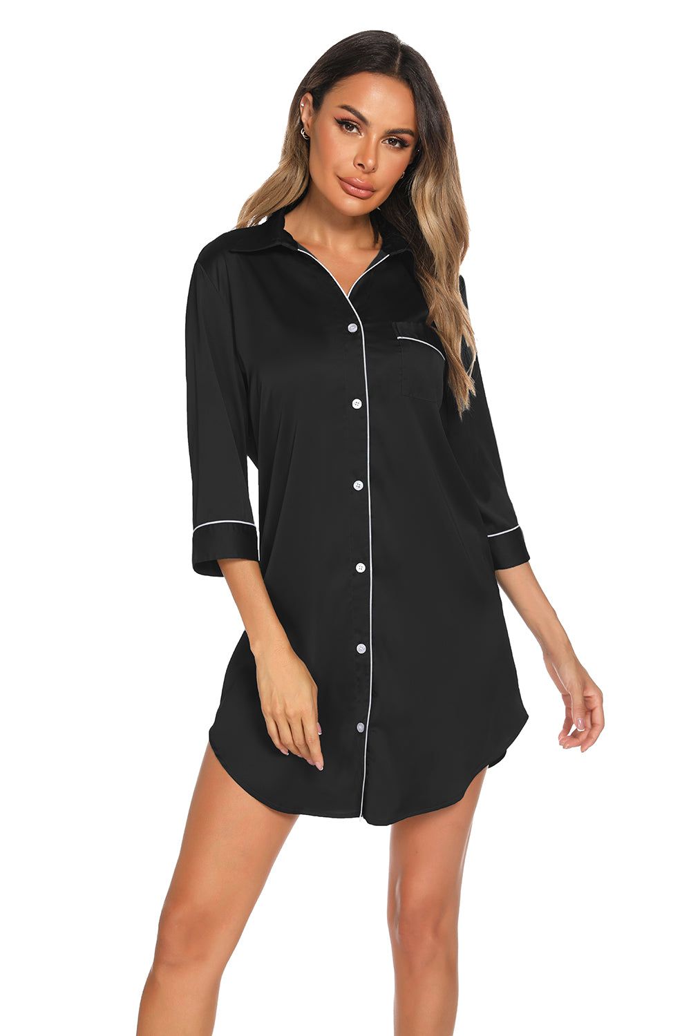 Button Up Collared Neck Night Dress with Pocket.
