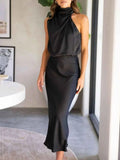 Asymmetrical Ruched Sleeveless Midi Dress.