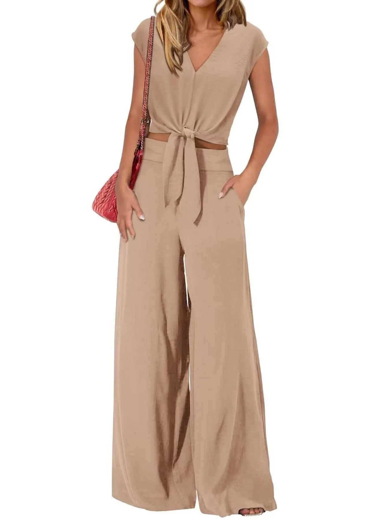 Tie Front Top & Wide Leg Pants Set.