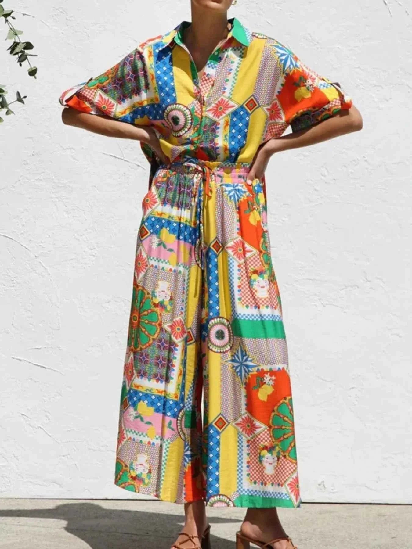 Printed Button Up Shirt and Pants Set.