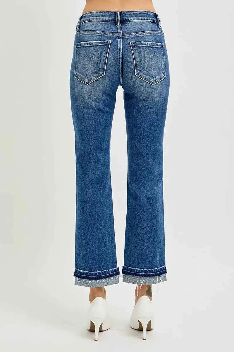 RISEN Mid Rise Ankle Straight Cuffed Jeans.