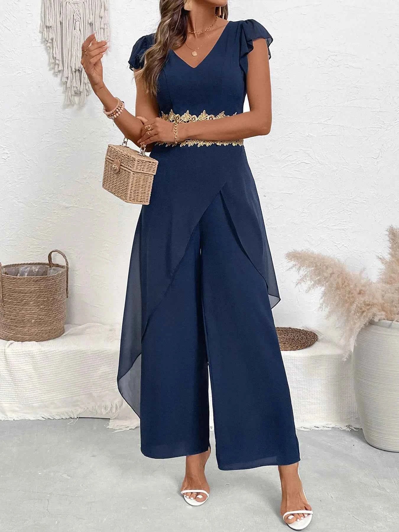 V-Neck Wide Leg Jumpsuit with Ruffles.