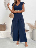V-Neck Wide Leg Jumpsuit with Ruffles.