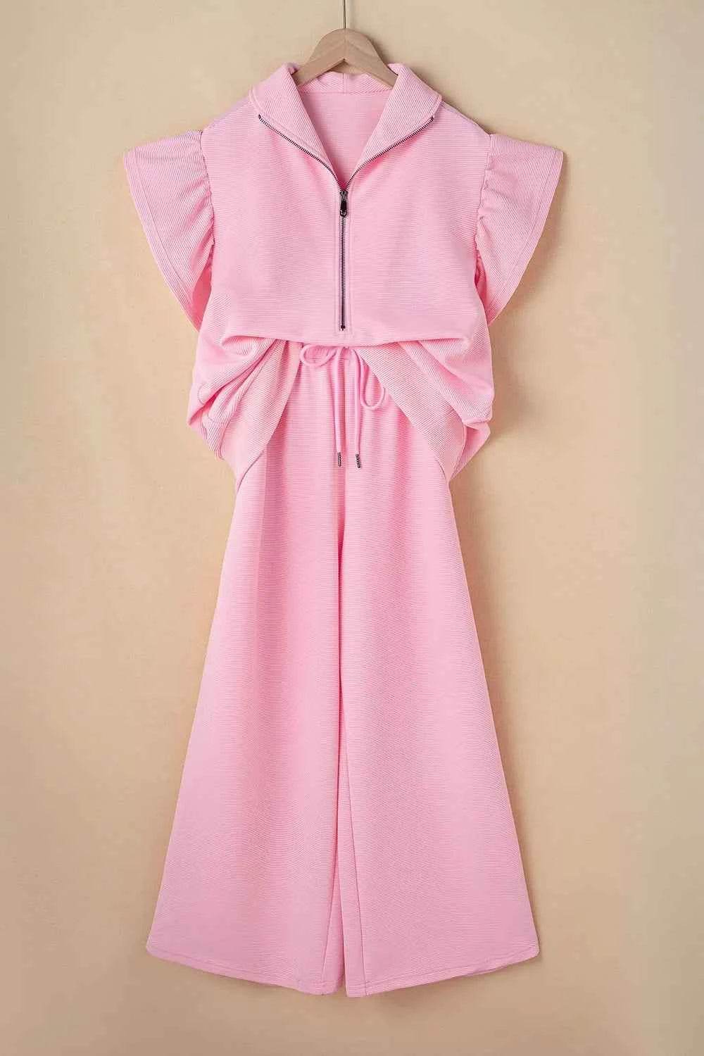 Textured Ruffled Sleeve Zipped Top & Wide Leg Pants Set - EBYNN