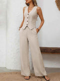 V-Neck Vest and Wide Leg Pants Set for Effortless Style - EBYNN