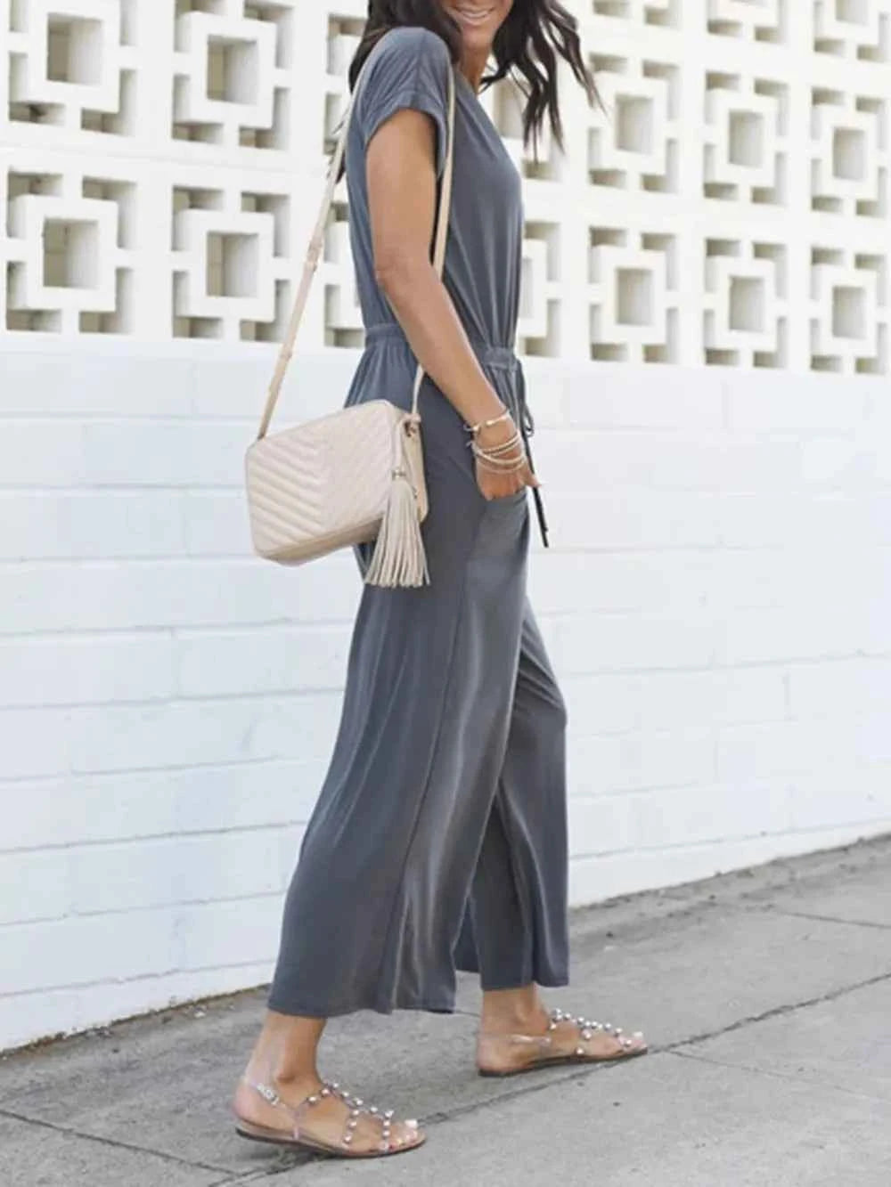 V-Neck Short Sleeve Jumpsuit.