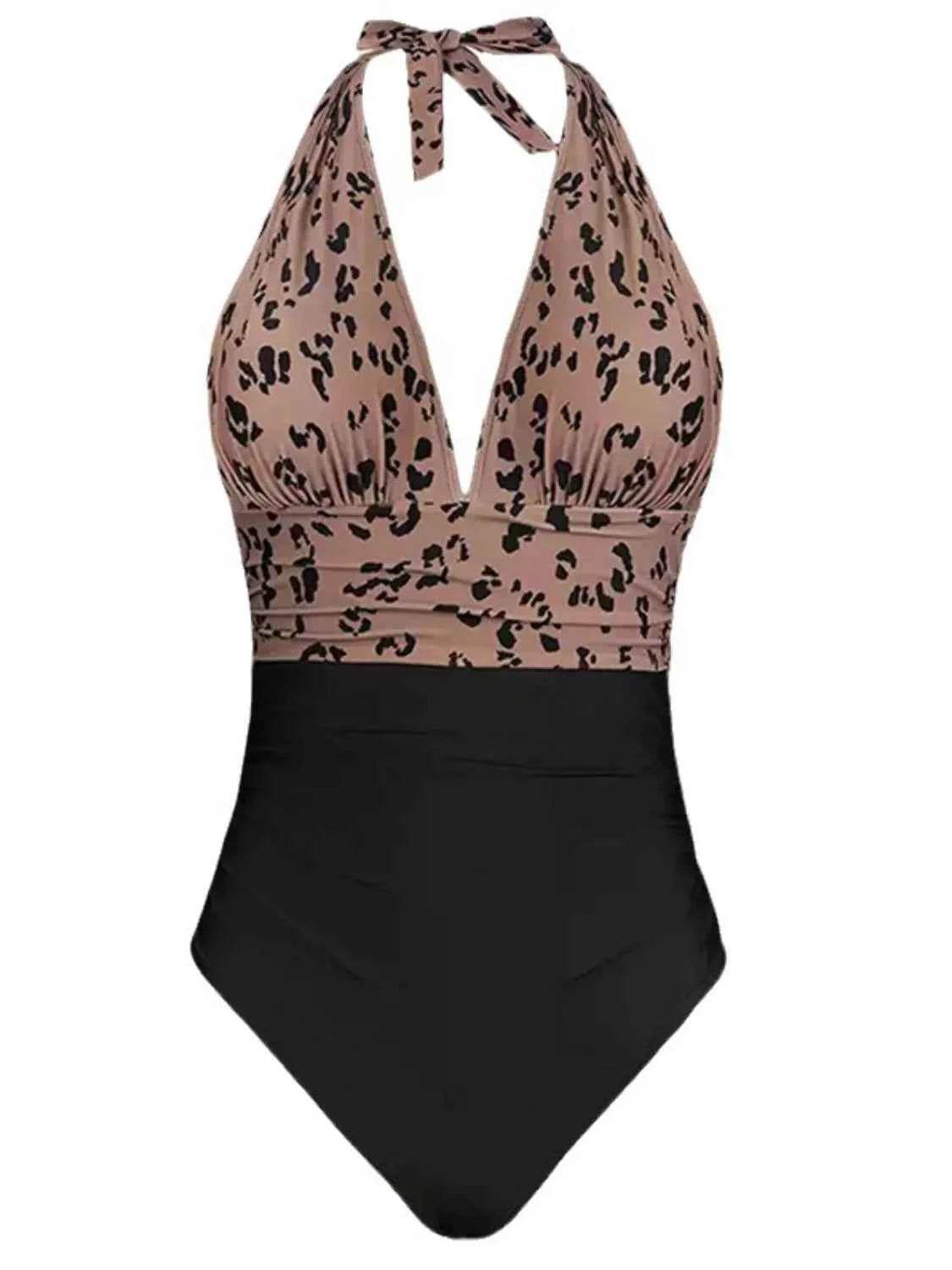 Plus Size Leopard Print Halter Neck One-Piece Swimwear.