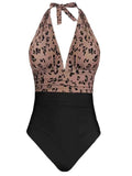 Plus Size Leopard Print Halter Neck One-Piece Swimwear.