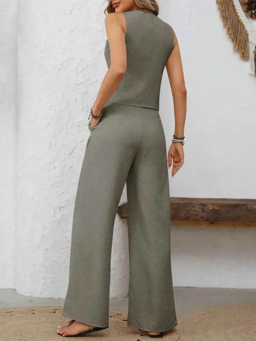V-Neck Vest and Wide Leg Pants Set for Effortless Style - EBYNN