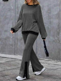 Contrast Round Neck Long Sleeve Top & Bootcut Pants Set.