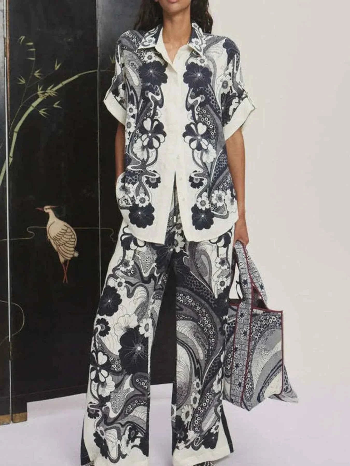 Printed Button Up Shirt and Pants Set.