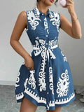 Printed Sleeveless Tie Waist Mini Dress.