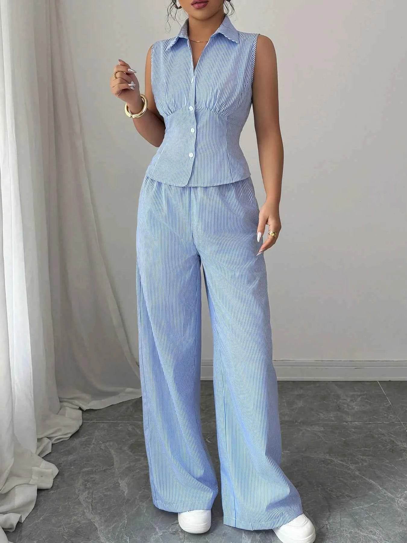 Striped Sleeveless Top and Pants Set - EBYNN