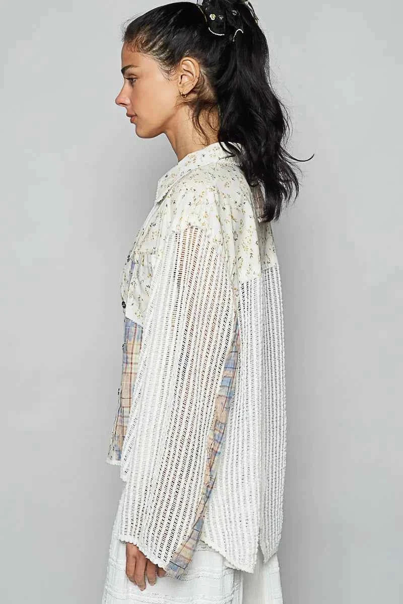 POL Floral Slit Back Plaid Patchwork Shirt.