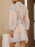Printed Button Down Shirt Dress with Belt.