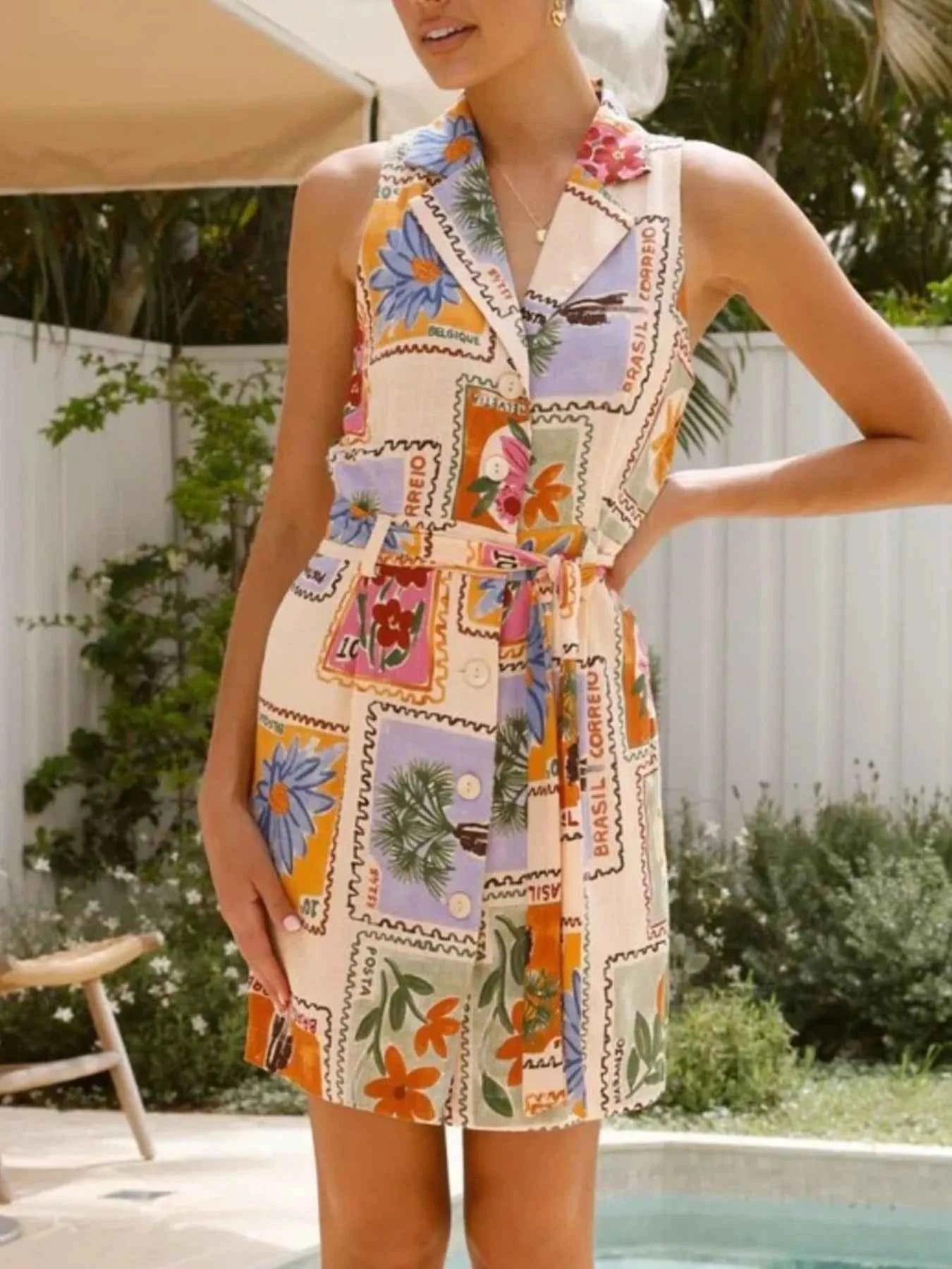 Printed Sleeveless Tie Waist Dress.