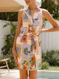 Printed Sleeveless Tie Waist Dress.