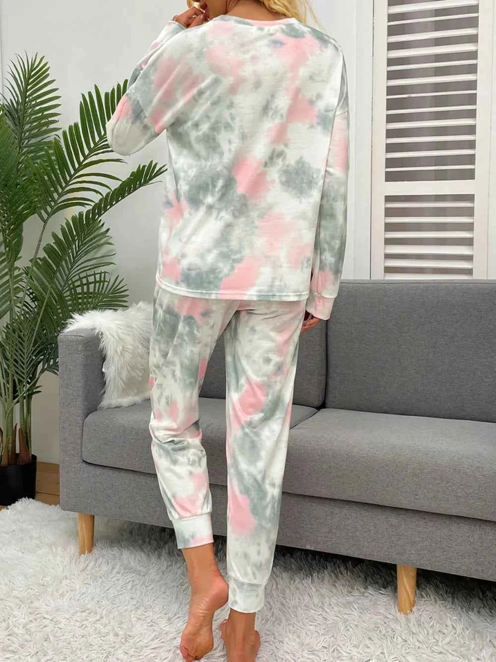 Shiny Tie-Dye Round Neck Top & Drawstring Pants Lounge Set.