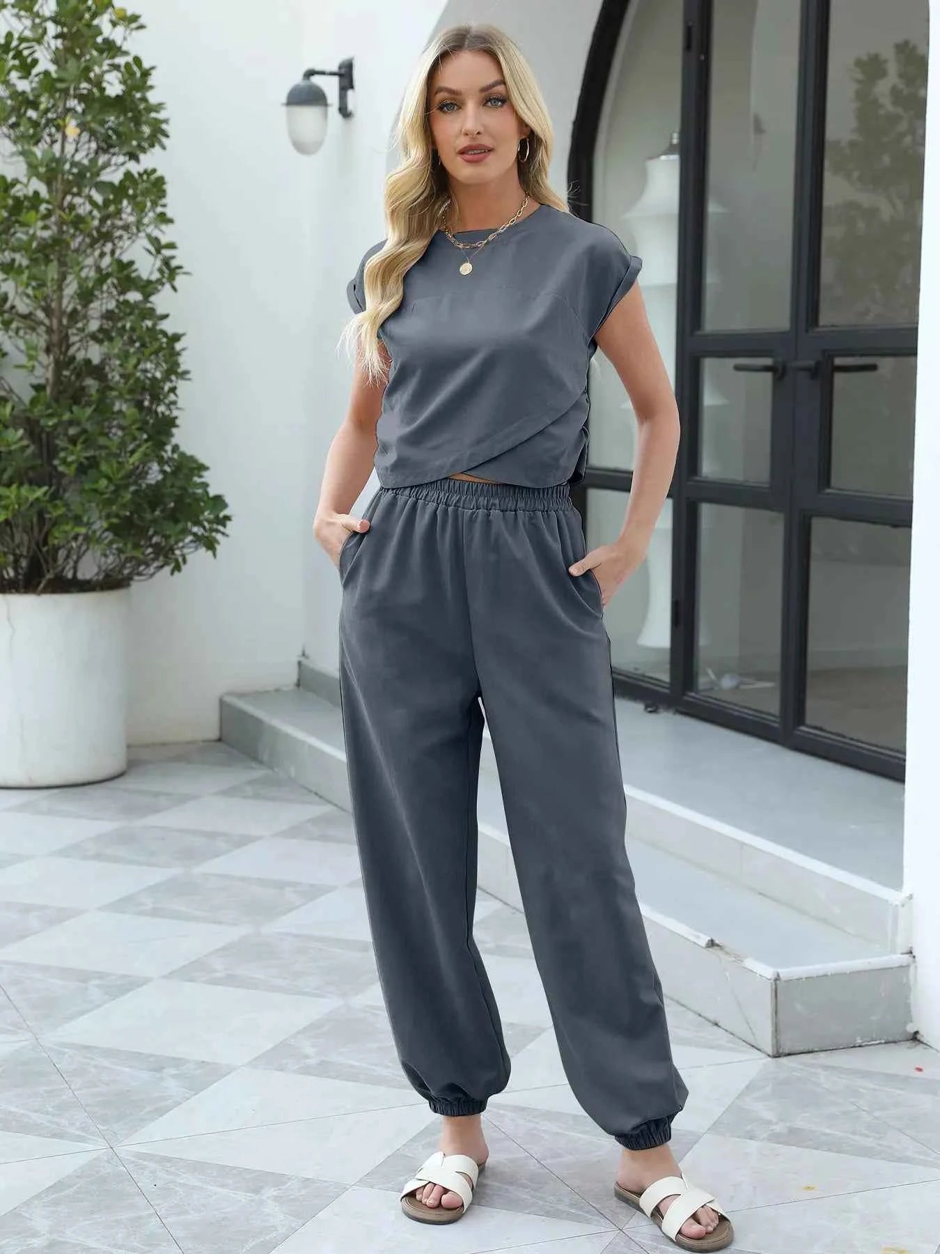 Round Neck Short Sleeve Top and Pants Set.