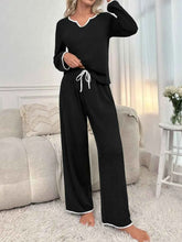 Contrast Trim Notched Long Sleeve Top & Pants Lounge Set.