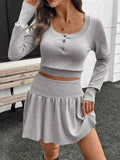 Ribbed Long Sleeve Top and Skirt Knit Set.