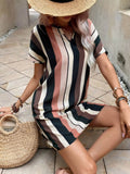 Striped Notched Short Sleeve Dress.