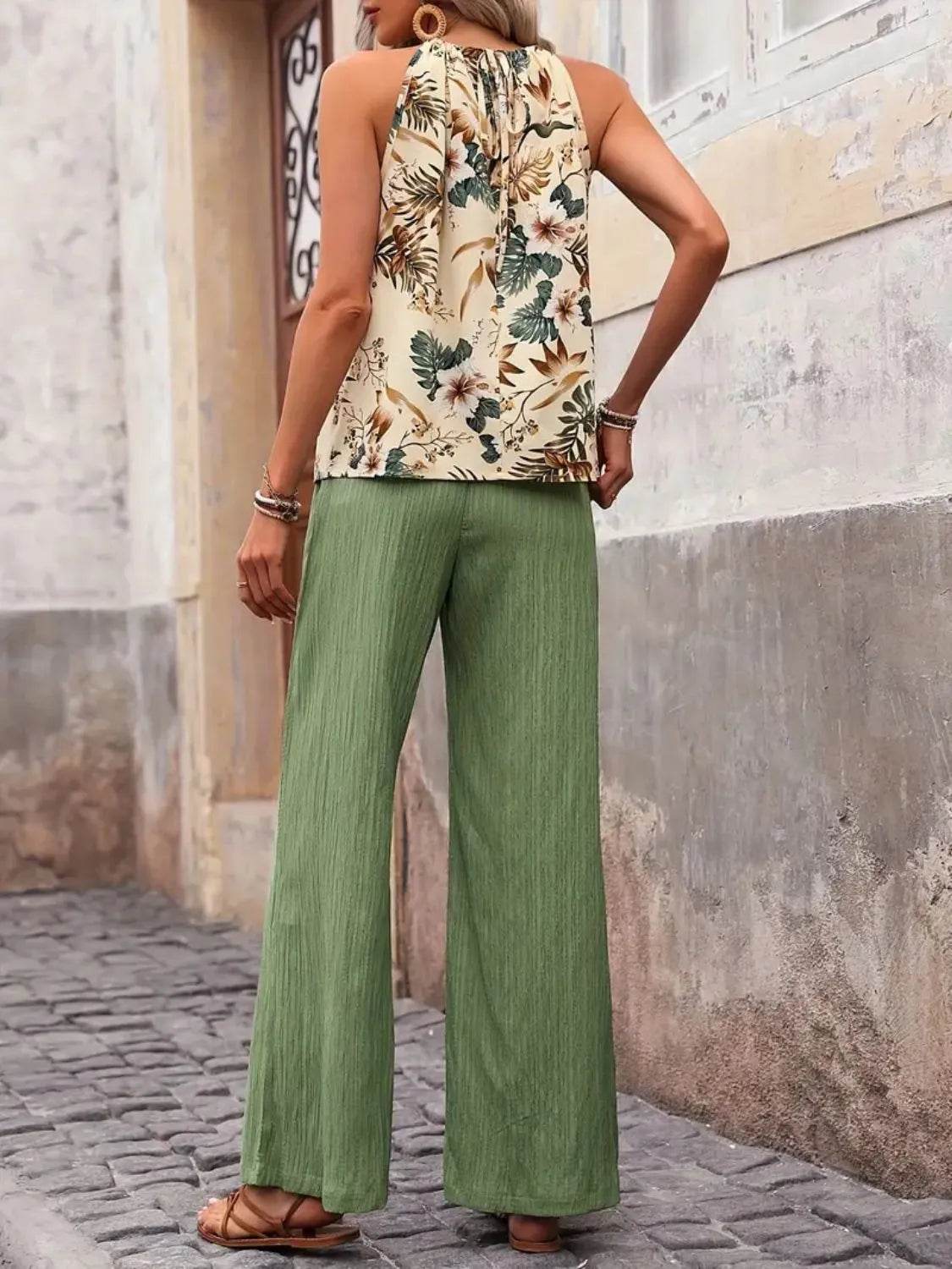 Printed Tank Top and Wide Leg Pants Set for Effortless Style - EBYNN