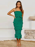Smocked Ruffled Midi Cami Dress - Emerald Green.