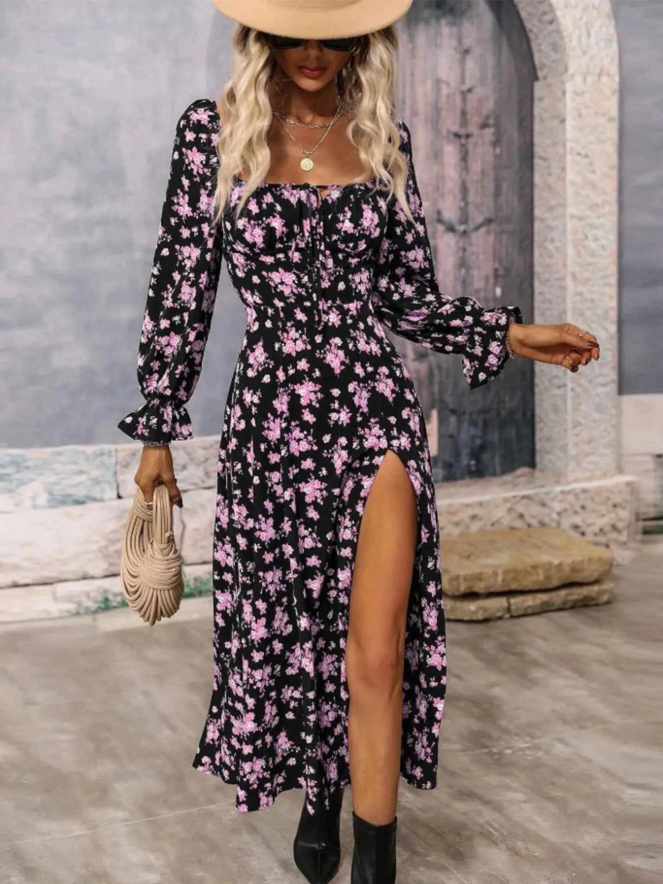 Floral Print Square Neck Dress with Flounce Sleeves.