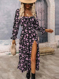 Floral Print Square Neck Dress with Flounce Sleeves.