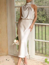 Asymmetrical Ruched Sleeveless Midi Dress.