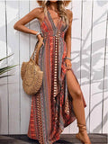 Tied Back Printed Sleeveless Maxi Dress with Slit.
