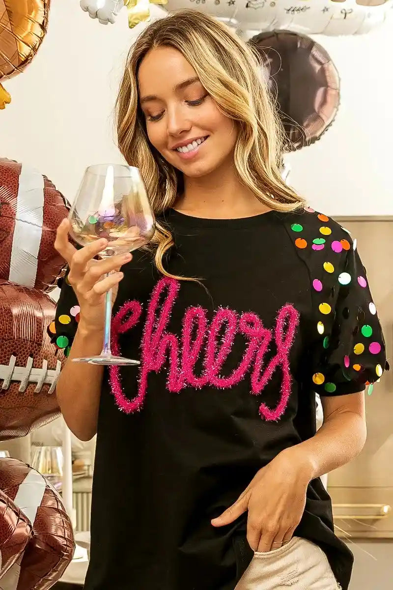 BiBi Metallic Letter Spangle Raglan Puff Sleeve Top.